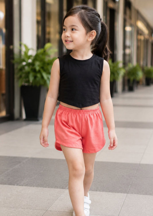 XDM-Cute Kids Summer Terno Set | Crop Top with Curved Hem + Casual Shorts