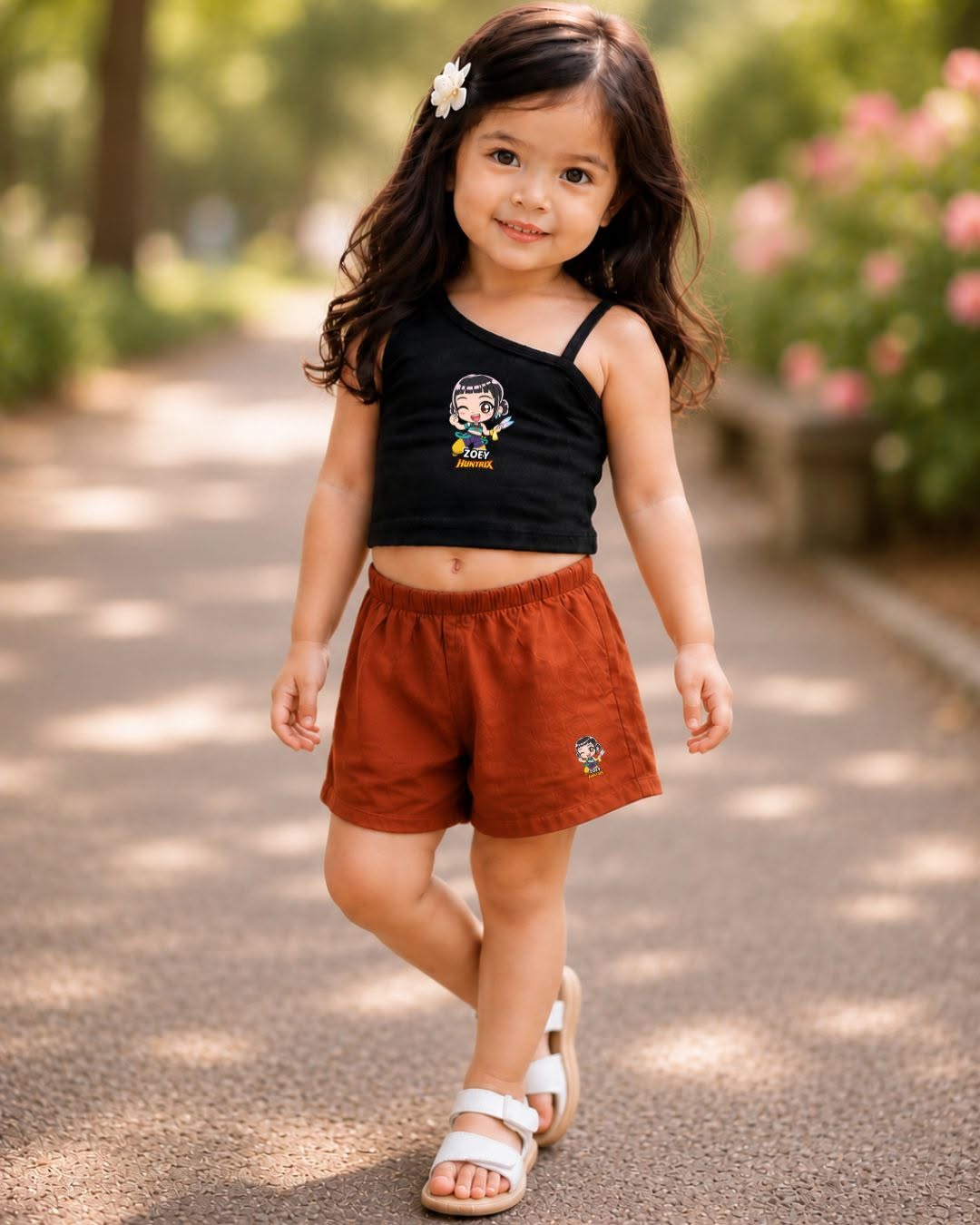 XDM-Cute Kids One-Shoulder Cotton Spandex Top & Challis Shorts Set