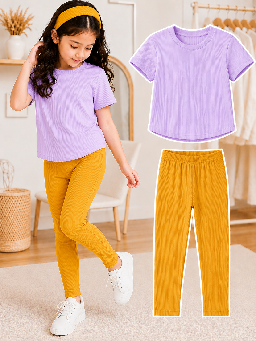 XDM-Kids 3-Piece Terno Set | Cotton Knitted Ribbed T-Shirt + Leggings + Headband