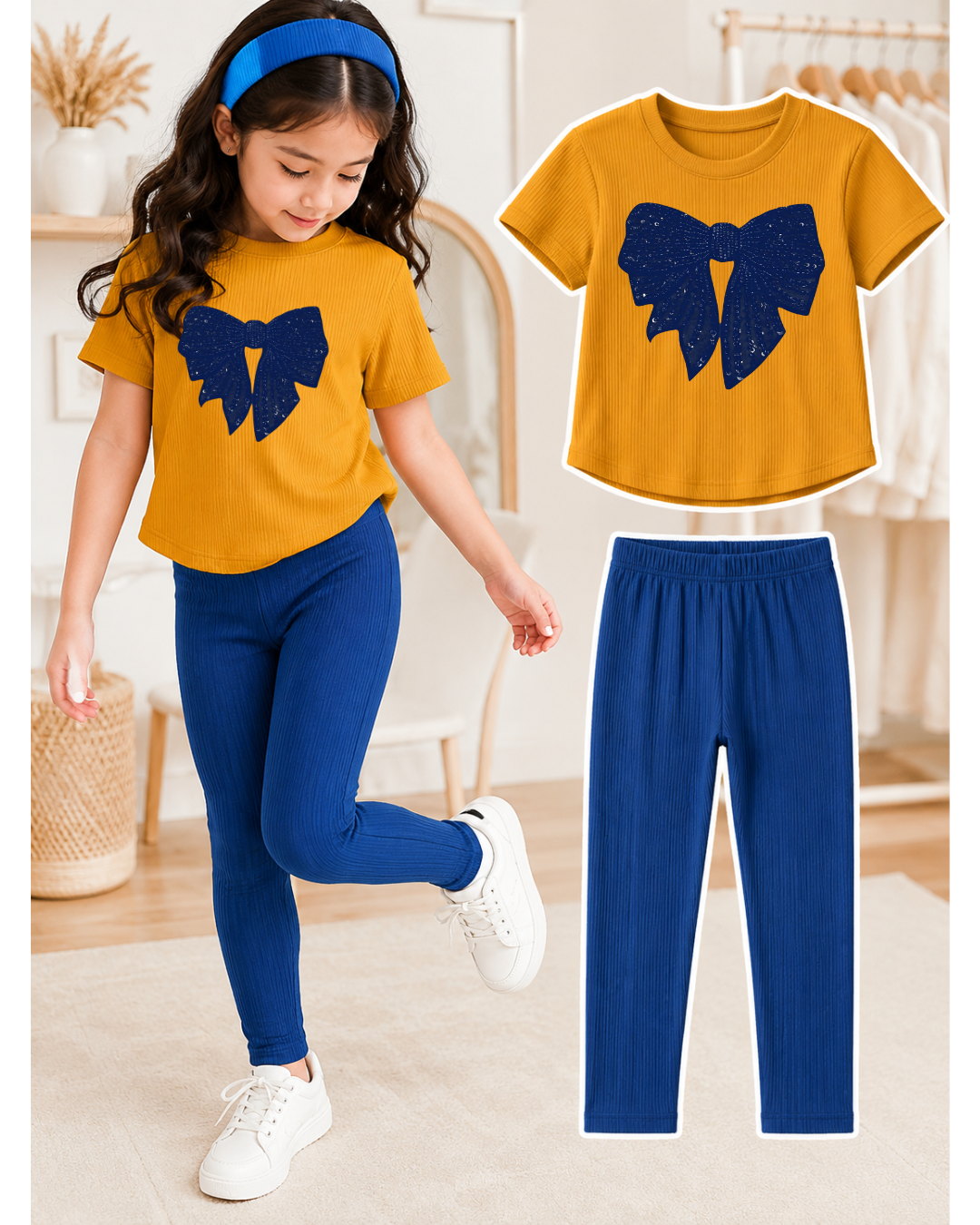 XDM-Kids 3-Piece Terno Set | Cotton Knitted Ribbed T-Shirt + Leggings + Headband