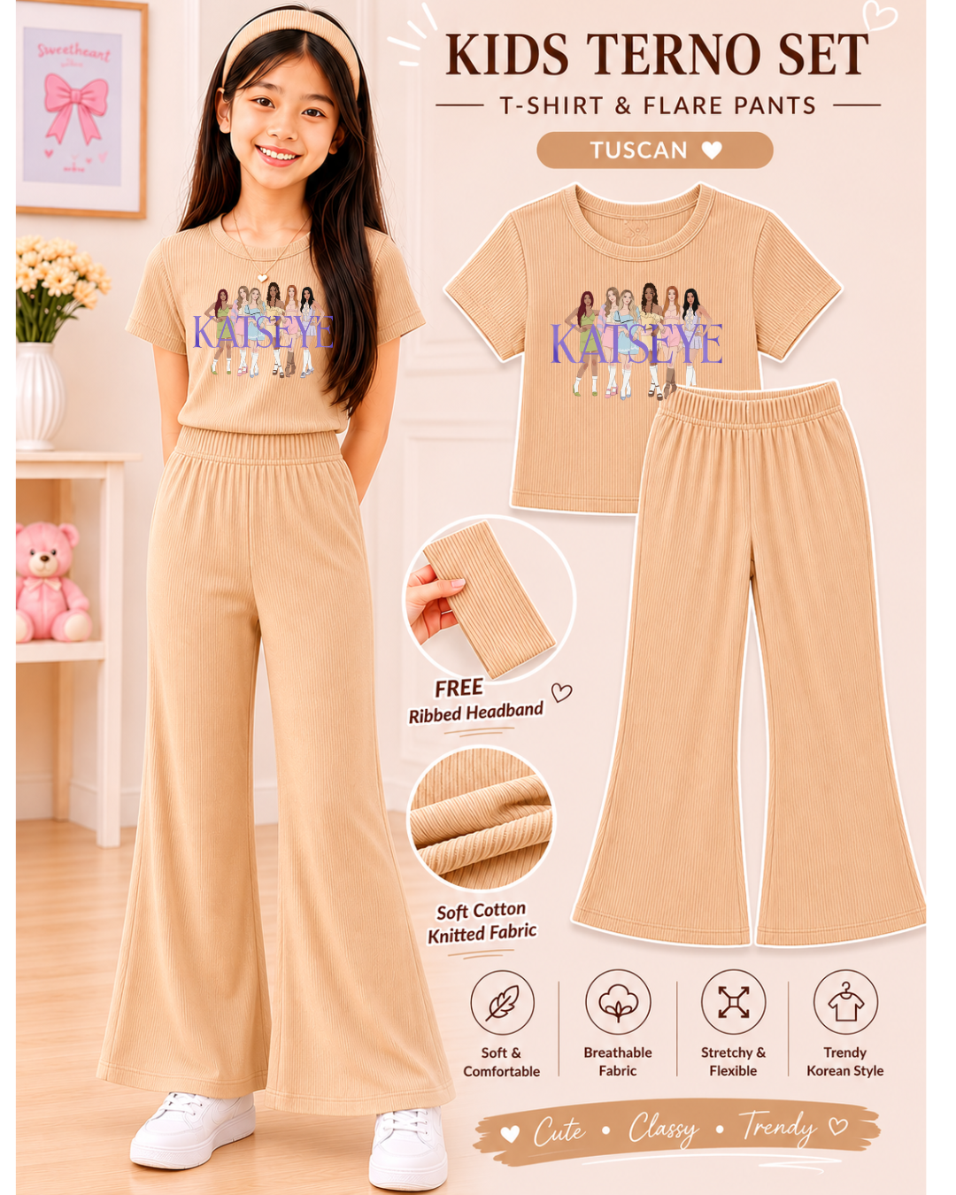 XDM-3in1 Kids Korean Terno Set for Girls | Cotton Knitted Ribbed Top, Flare Pants & Free Headband