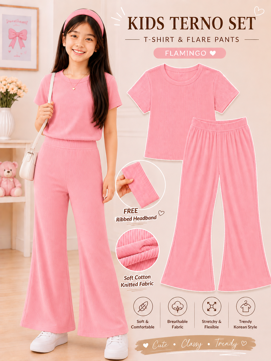 XDM-3 PIECE Kids Korean Terno Set for Girls | Soft Cotton Knitted T-Shirt & Flare Pants Co-Ord Set with Free Ribbed Headband