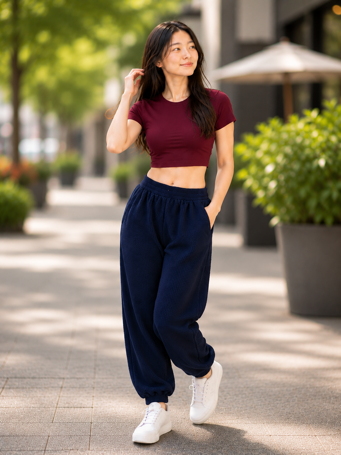 XDM-Trendy Cotton Spandex Crop Top + Waffle Jogger Pants Terno for Teens