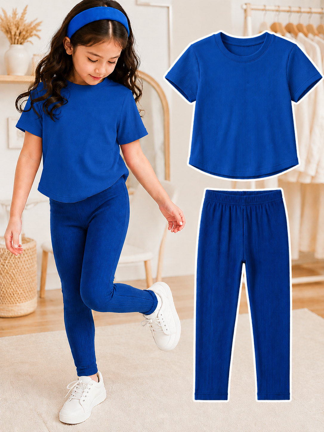 XDM-Kids 3-Piece Terno Set | Cotton Knitted Ribbed T-Shirt + Leggings + Headband