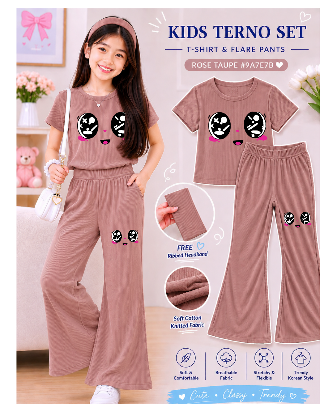 XDM-3in1 Kids Korean Terno Set for Girls | Cotton Knitted Ribbed Top, Flare Pants & Free Headband