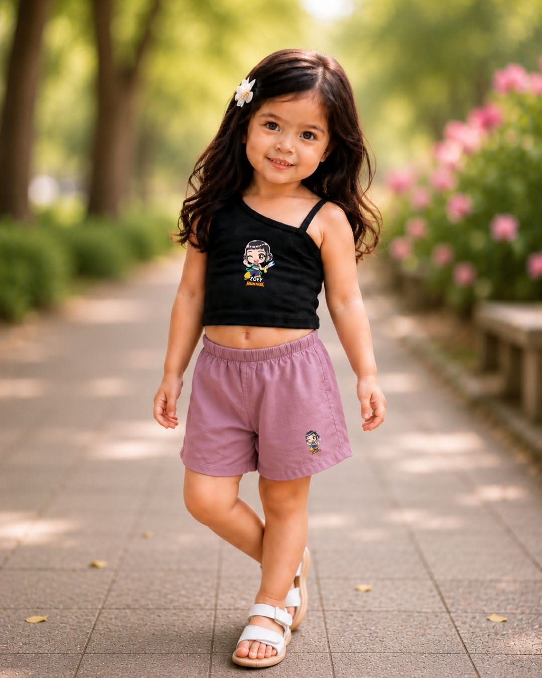 XDM-Cute Kids One-Shoulder Cotton Spandex Top & Challis Shorts Set
