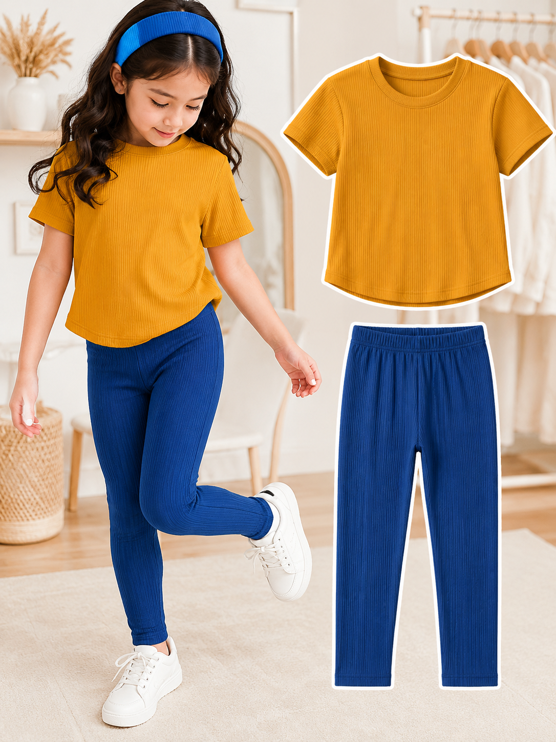 XDM-Kids 3-Piece Terno Set | Cotton Knitted Ribbed T-Shirt + Leggings + Headband