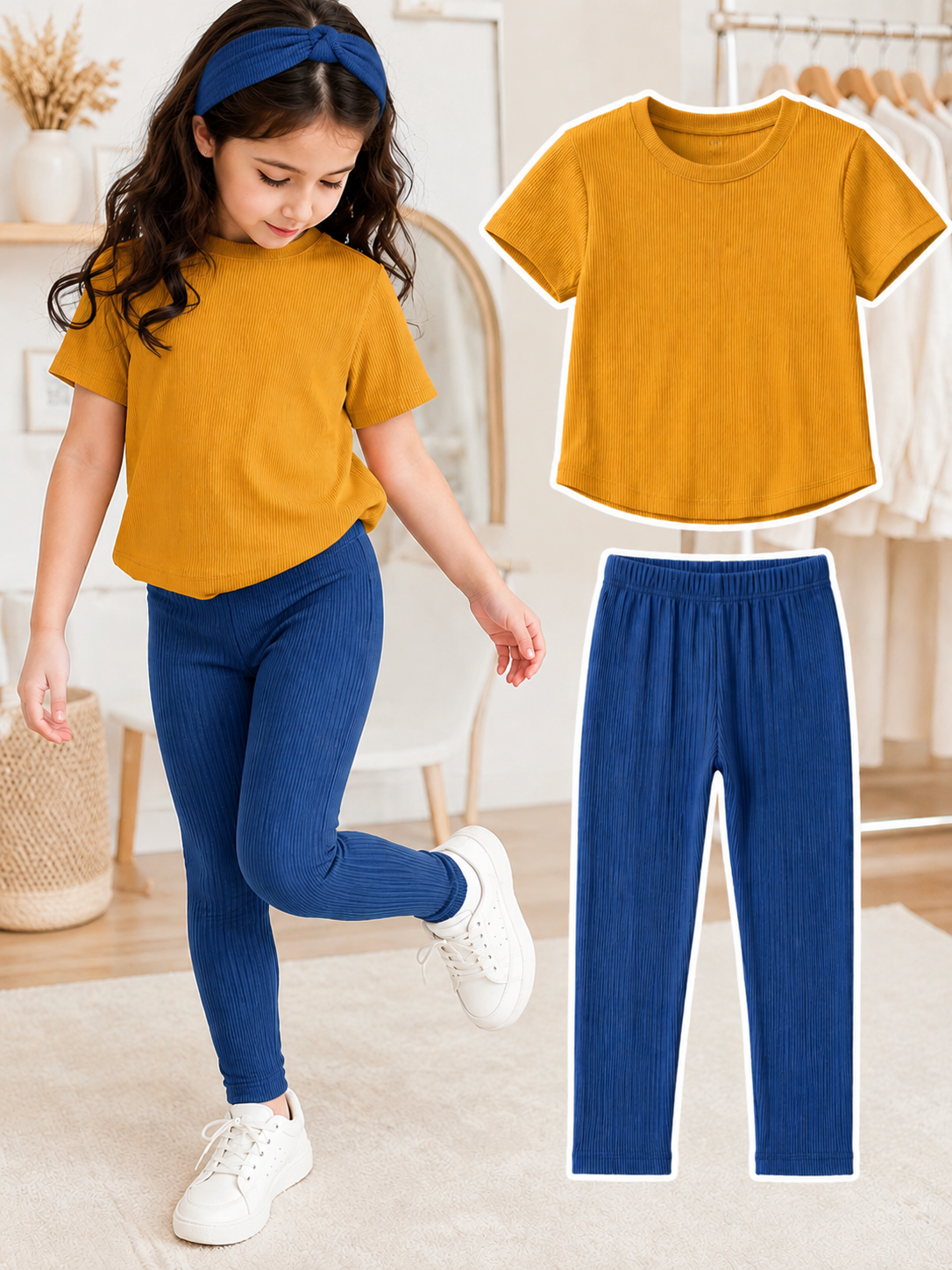 XDM-Kids 3-Piece Terno Set | Cotton Knitted Ribbed T-Shirt + Leggings + Headband