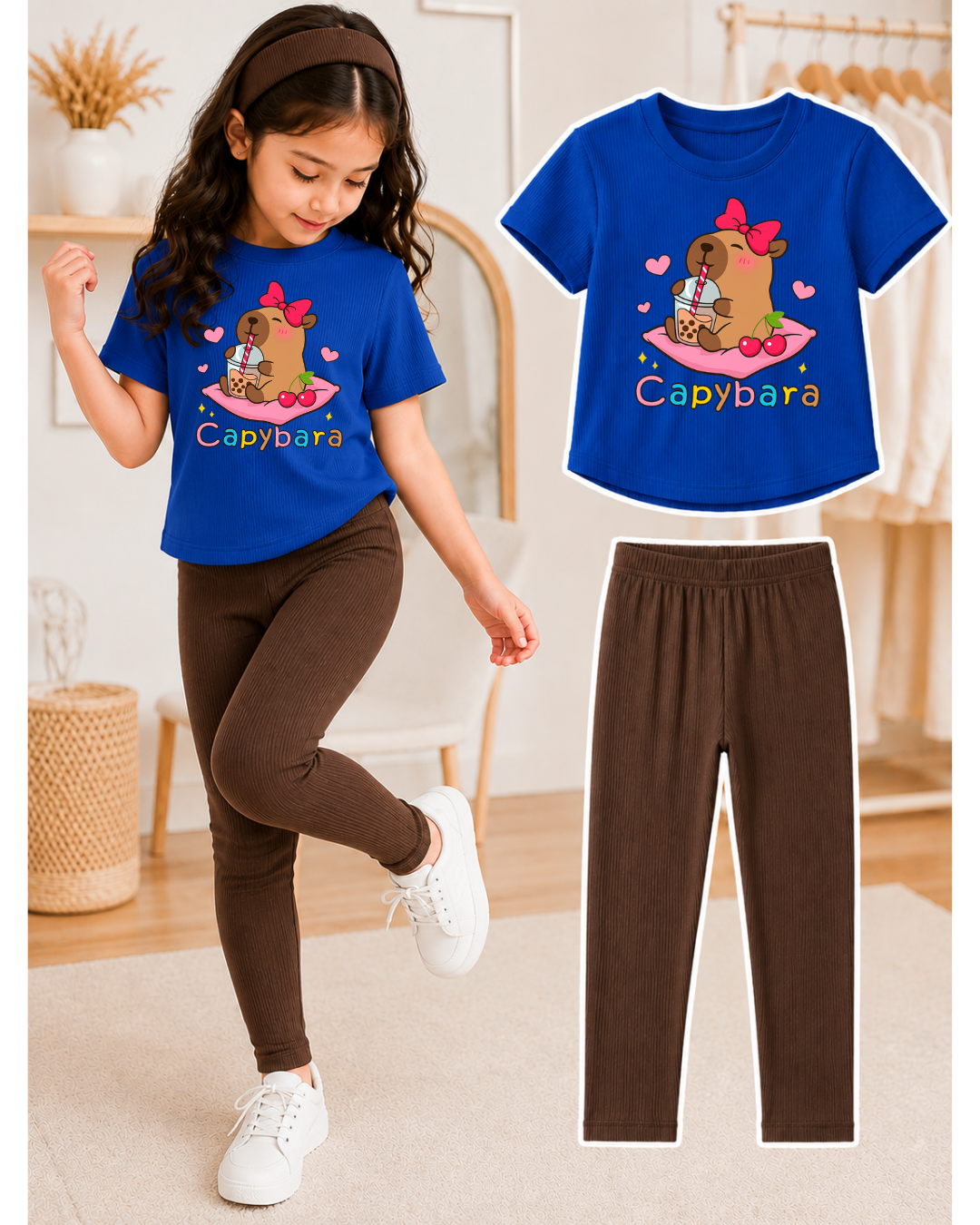 XDM-Kids 3-Piece Terno Set | Cotton Knitted Ribbed T-Shirt + Leggings + Headband