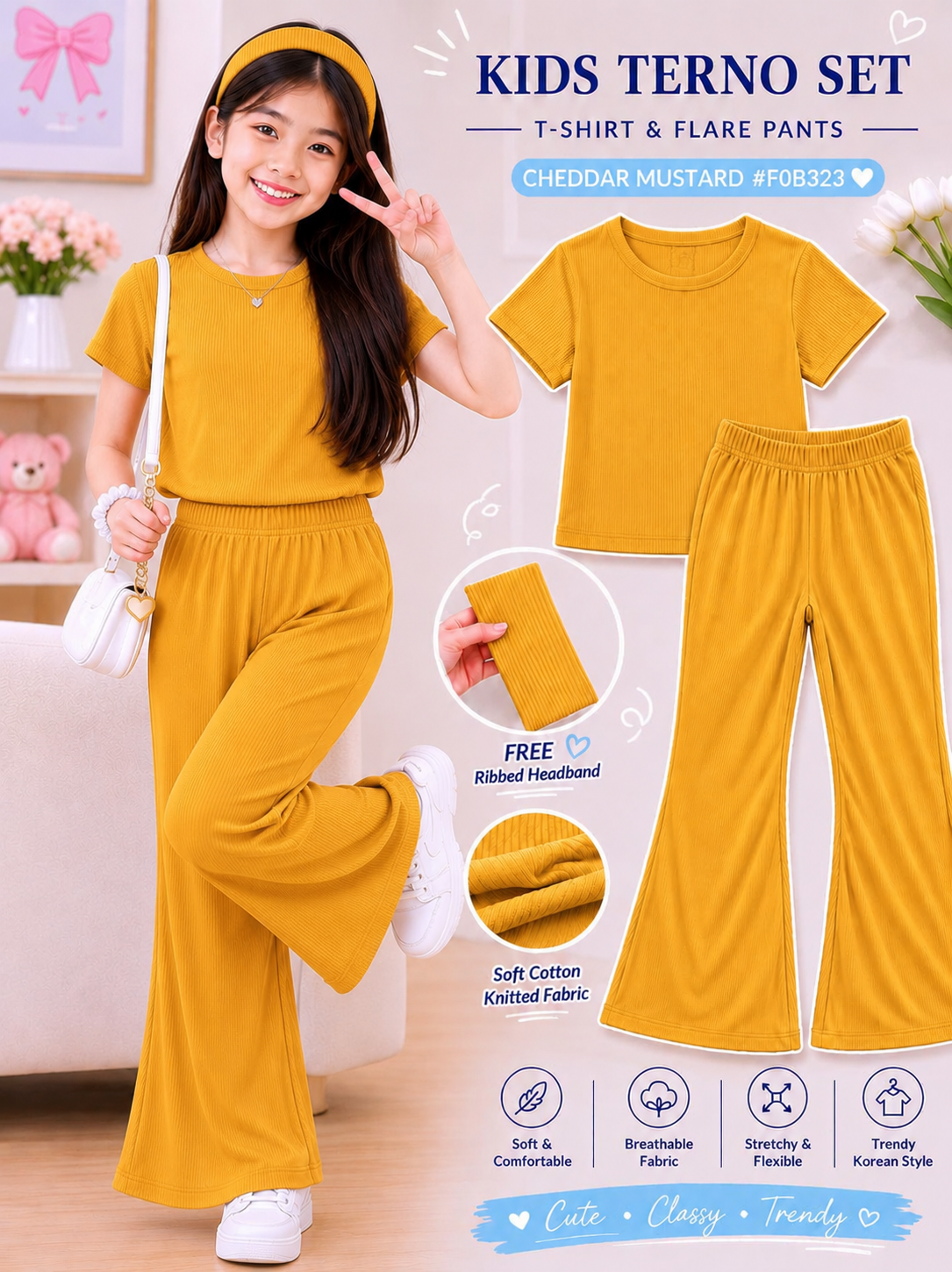 XDM-3 PIECE Kids Korean Terno Set for Girls | Soft Cotton Knitted T-Shirt & Flare Pants Co-Ord Set with Free Ribbed Headband