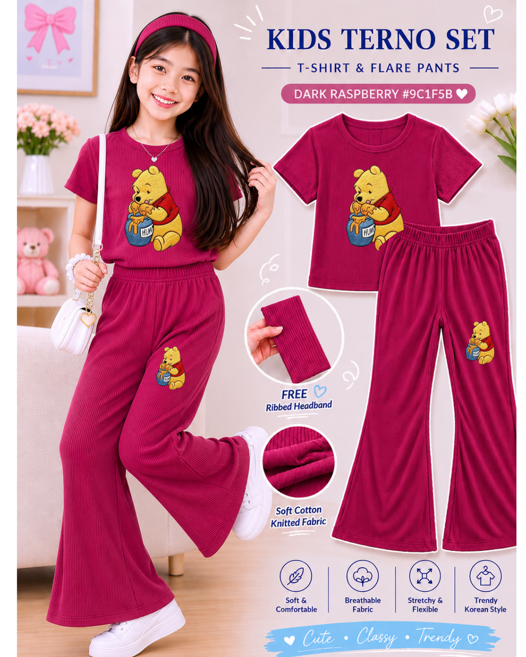 XDM-3in1 Kids Korean Terno Set for Girls | Cotton Knitted Ribbed Top, Flare Pants & Free Headband