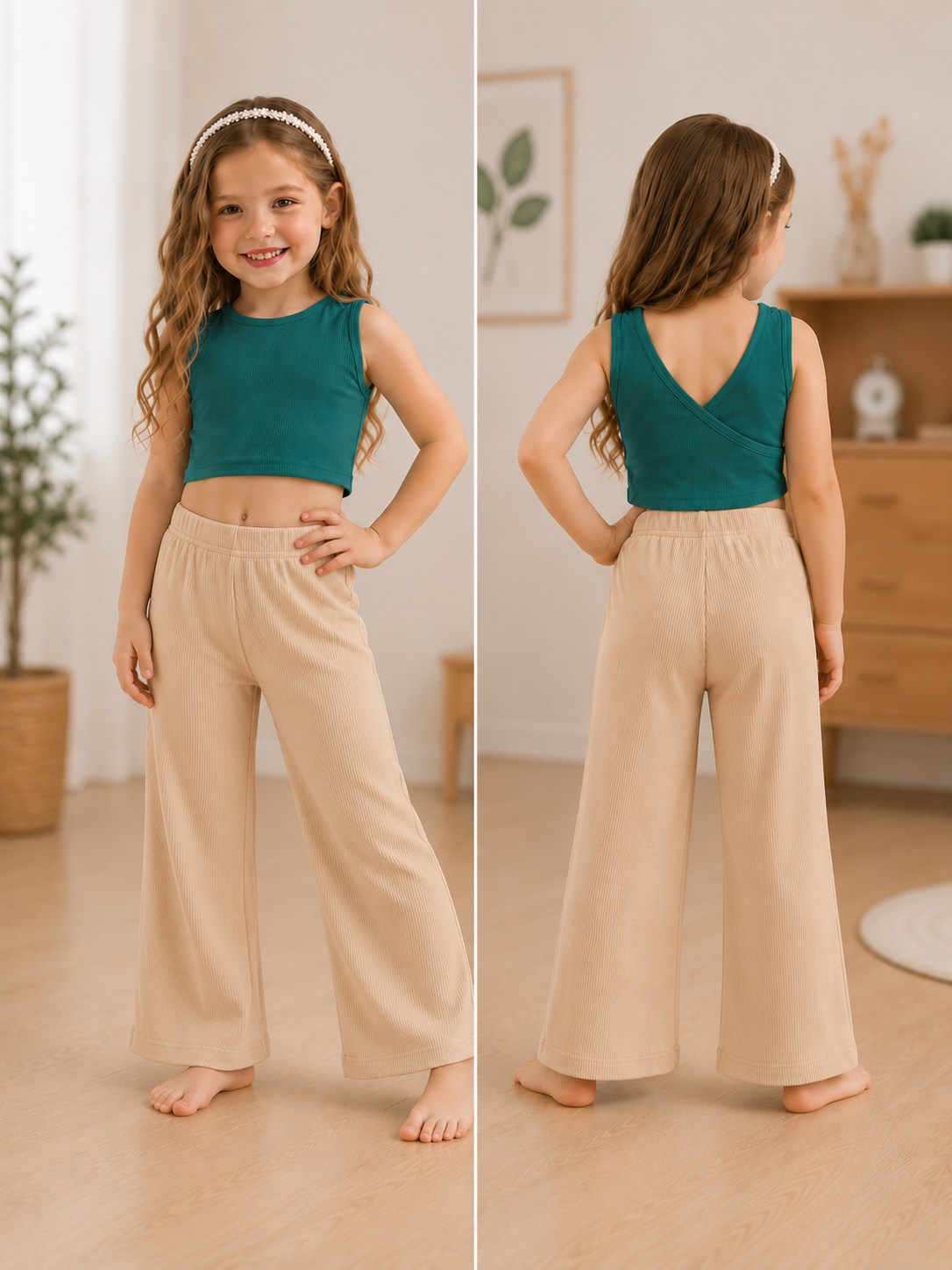 XDM-Kids Chic Cotton Spandex Crop Top + Knitted Wide-Leg Pants Terno