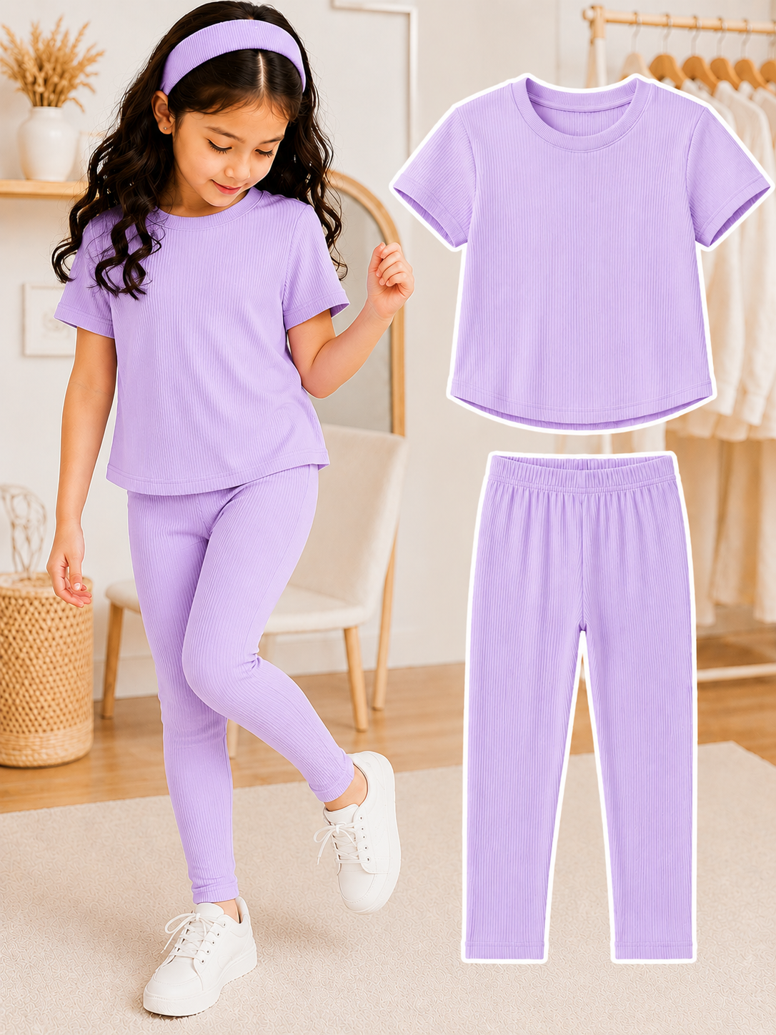 XDM-Kids 3-Piece Terno Set | Cotton Knitted Ribbed T-Shirt + Leggings + Headband