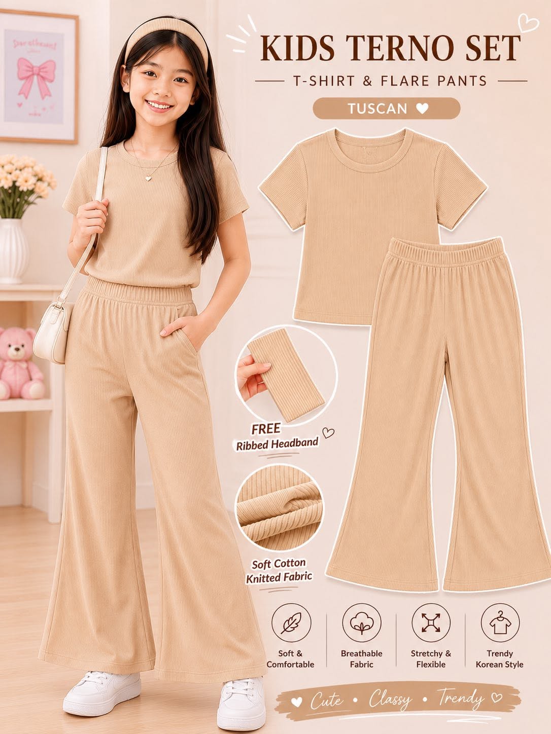 XDM-3 PIECE Kids Korean Terno Set for Girls | Soft Cotton Knitted T-Shirt & Flare Pants Co-Ord Set with Free Ribbed Headband
