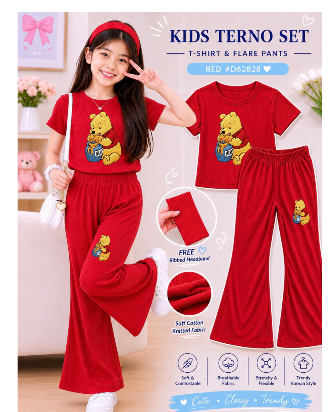 XDM-3in1 Kids Korean Terno Set for Girls | Cotton Knitted Ribbed Top, Flare Pants & Free Headband