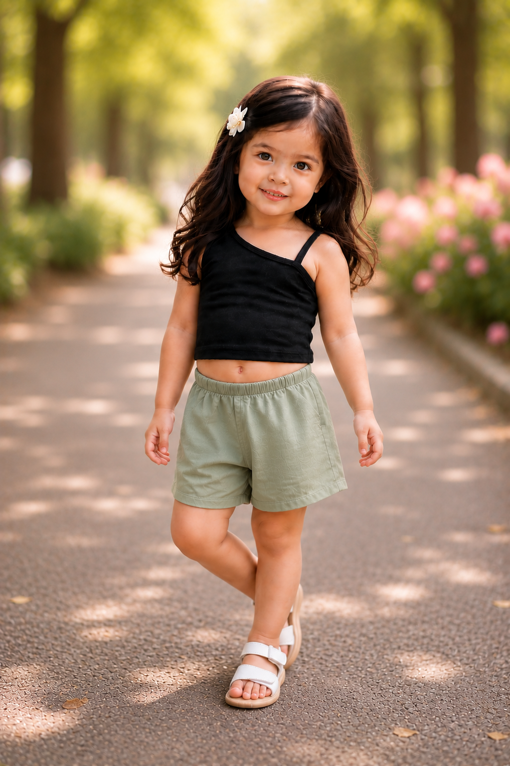 XDM-Cute Kids One-Shoulder Cotton Spandex Top & Challis Shorts Set