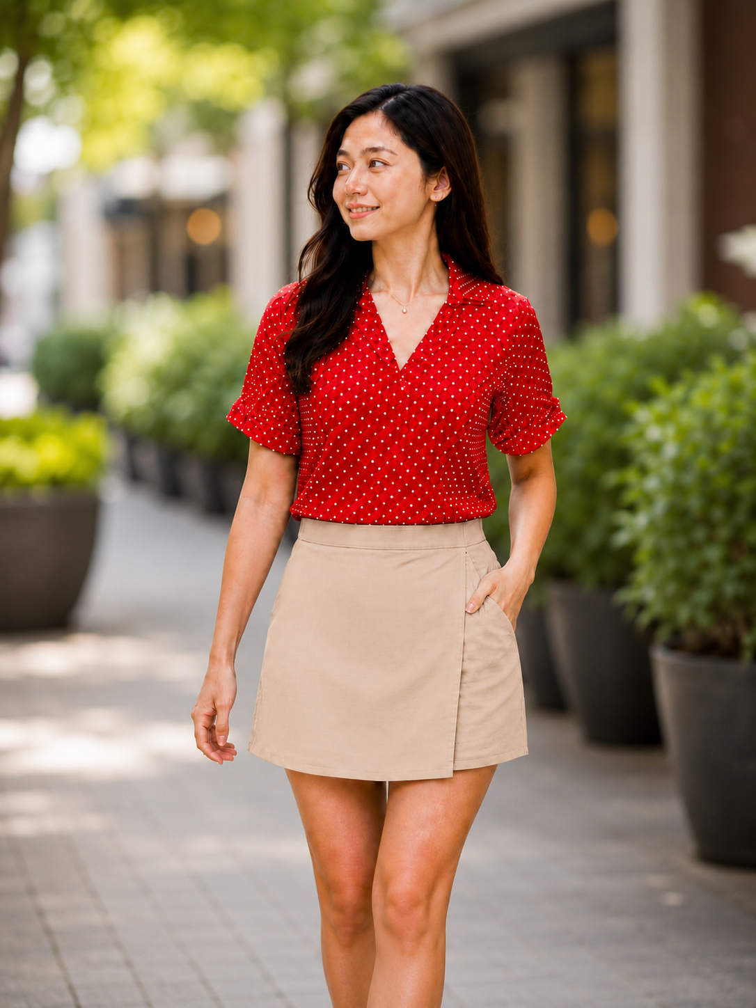 XDM-Chic Dots Challis Blouse & Cotton Linen Skort Set-Effortlessly Stylish