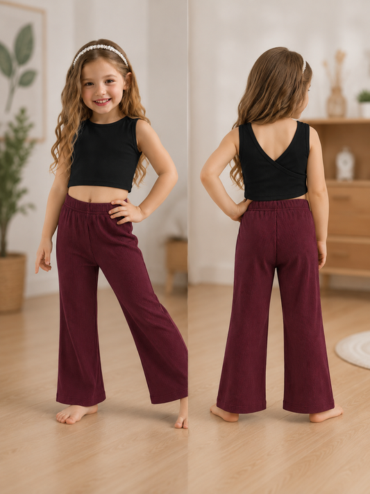 XDM-Kids Chic Cotton Spandex Crop Top + Knitted Wide-Leg Pants Terno