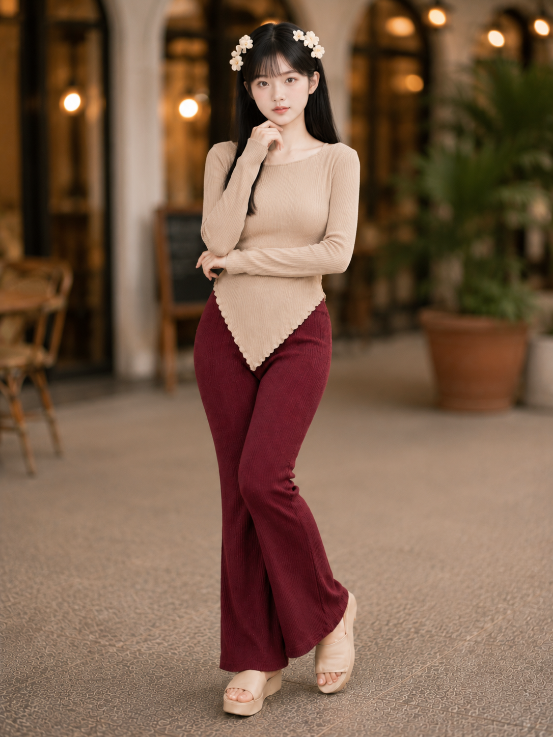 XDM-Korean Chic Asymmetrical Knit Top & Flare Pants Terno Set