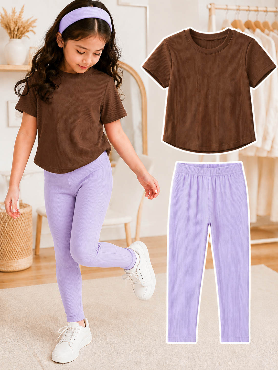 XDM-Kids 3-Piece Terno Set | Cotton Knitted Ribbed T-Shirt + Leggings + Headband