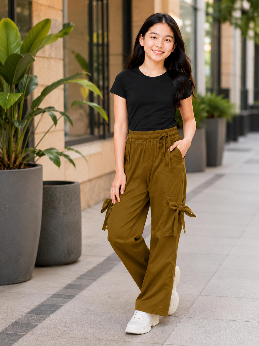 XDM-Fashionista Bow Cargo Terno Set  | Double-Lined Stretch Top + Wide-Leg Twill Pants