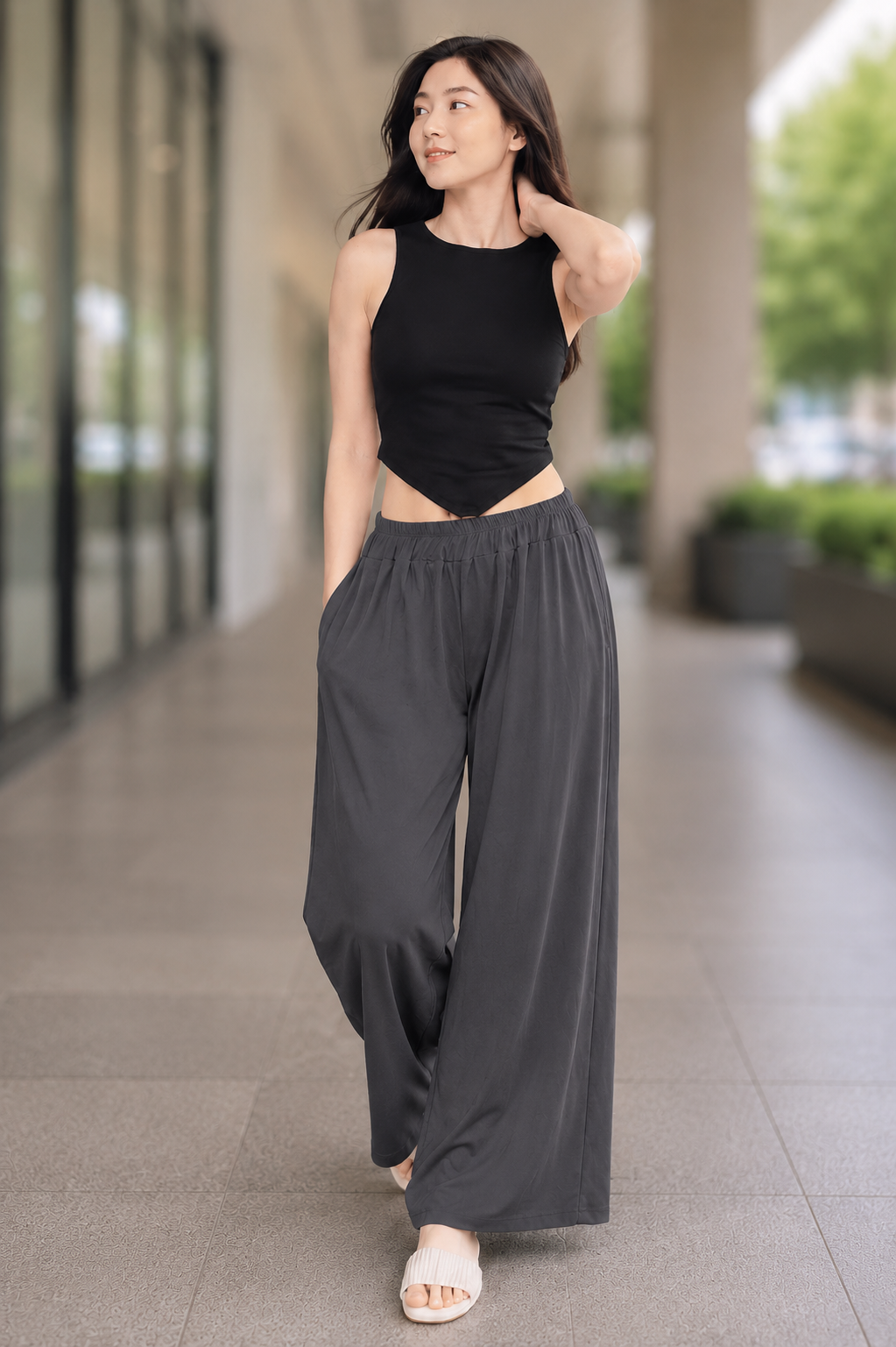 XDM-Chic Comfort  Crop Top & Flowy Wide-Leg Pants Terno Set