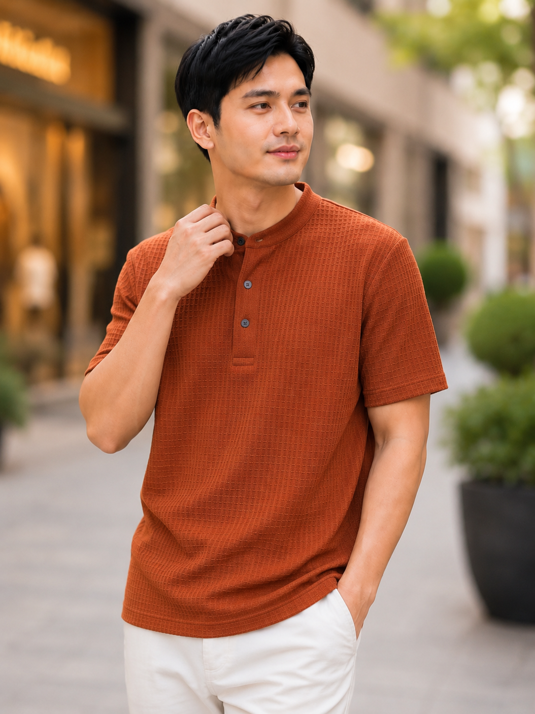 XDM-Premium Waffle Knit Chinese Collar Henley Shirt for Men