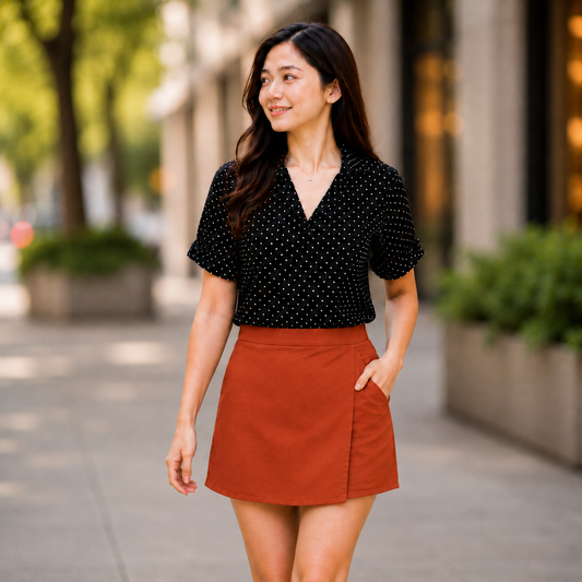 XDM-Chic Dots Challis Blouse & Cotton Linen Skort Set-Effortlessly Stylish