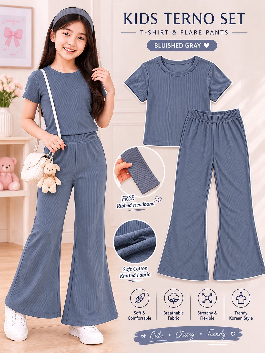 XDM-3 PIECE Kids Korean Terno Set for Girls | Soft Cotton Knitted T-Shirt & Flare Pants Co-Ord Set with Free Ribbed Headband