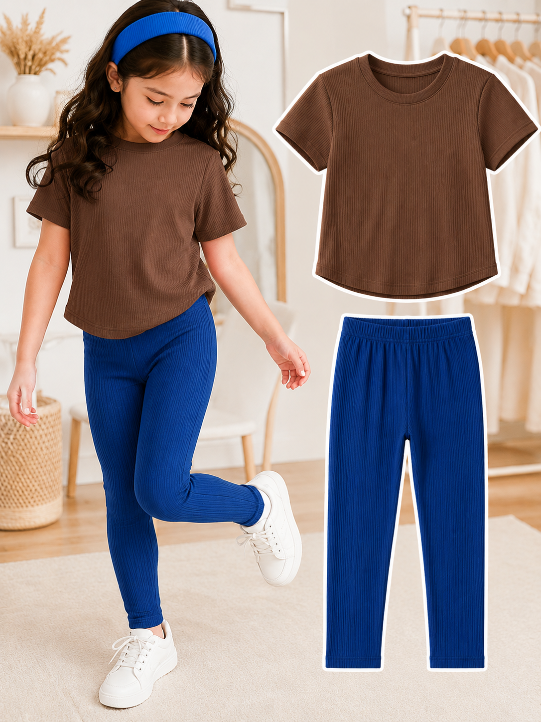 XDM-Kids 3-Piece Terno Set | Cotton Knitted Ribbed T-Shirt + Leggings + Headband