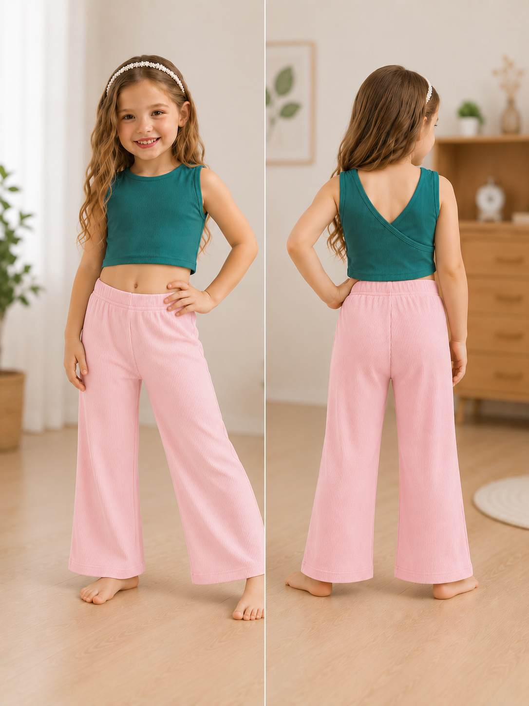XDM-Kids Chic Cotton Spandex Crop Top + Knitted Wide-Leg Pants Terno