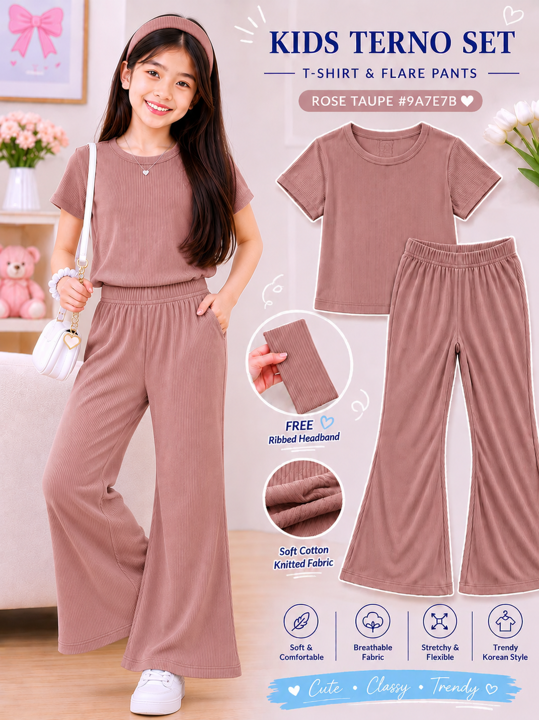 XDM-3 PIECE Kids Korean Terno Set for Girls | Soft Cotton Knitted T-Shirt & Flare Pants Co-Ord Set with Free Ribbed Headband
