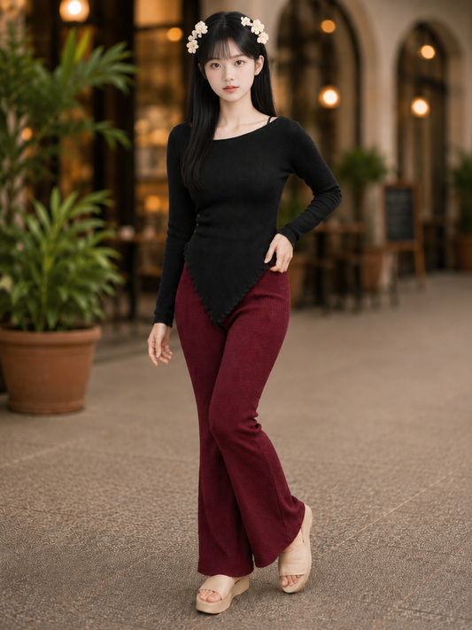 XDM-Korean Chic Asymmetrical Knit Top & Flare Pants Terno Set