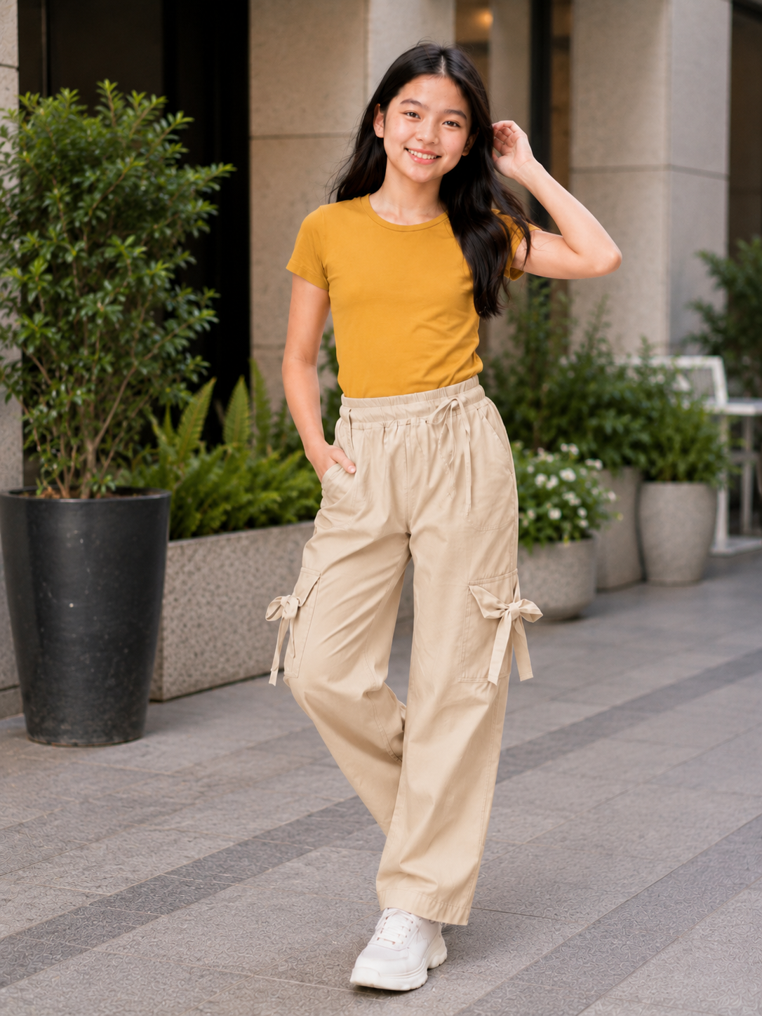 XDM-Fashionista Bow Cargo Terno Set  | Double-Lined Stretch Top + Wide-Leg Twill Pants