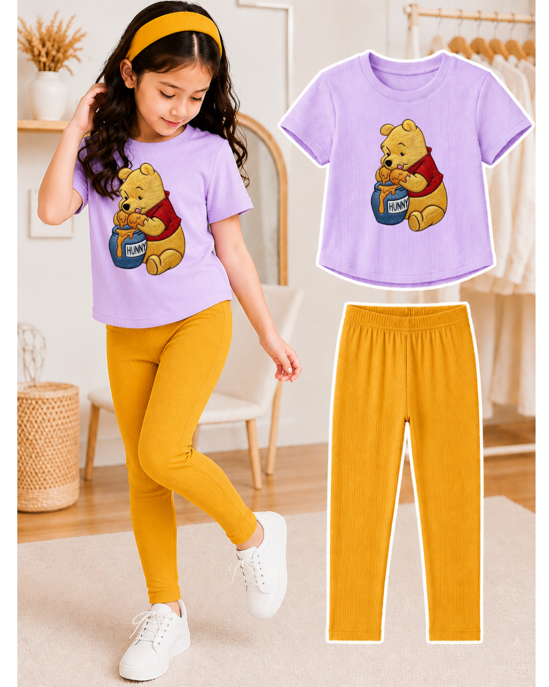 XDM-Kids 3-Piece Terno Set | Cotton Knitted Ribbed T-Shirt + Leggings + Headband