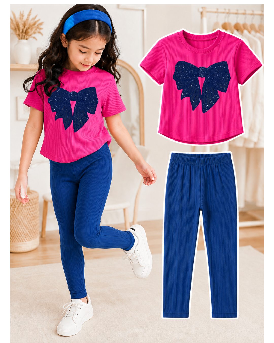 XDM-Kids 3-Piece Terno Set | Cotton Knitted Ribbed T-Shirt + Leggings + Headband