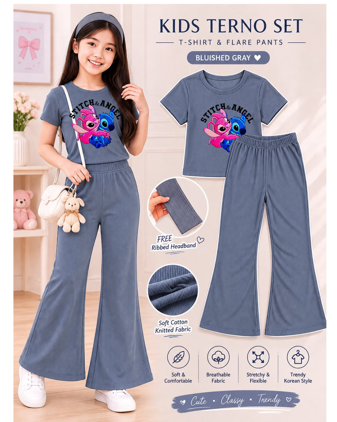 XDM-3in1 Kids Korean Terno Set for Girls | Cotton Knitted Ribbed Top, Flare Pants & Free Headband