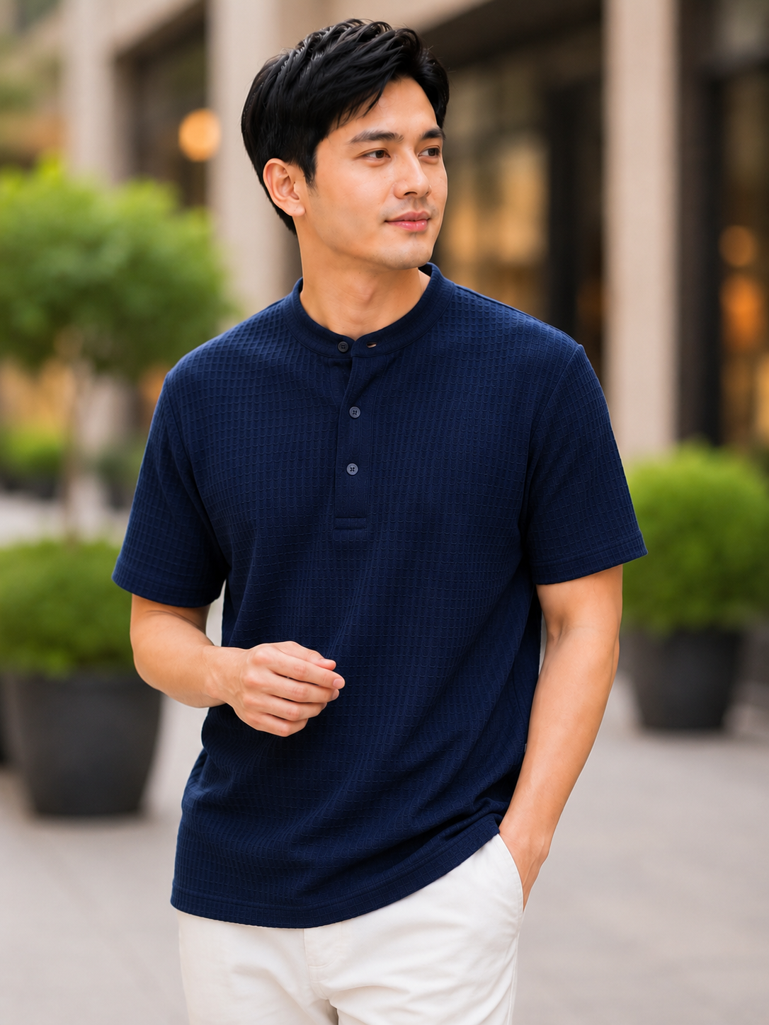 XDM-Premium Waffle Knit Chinese Collar Henley Shirt for Men