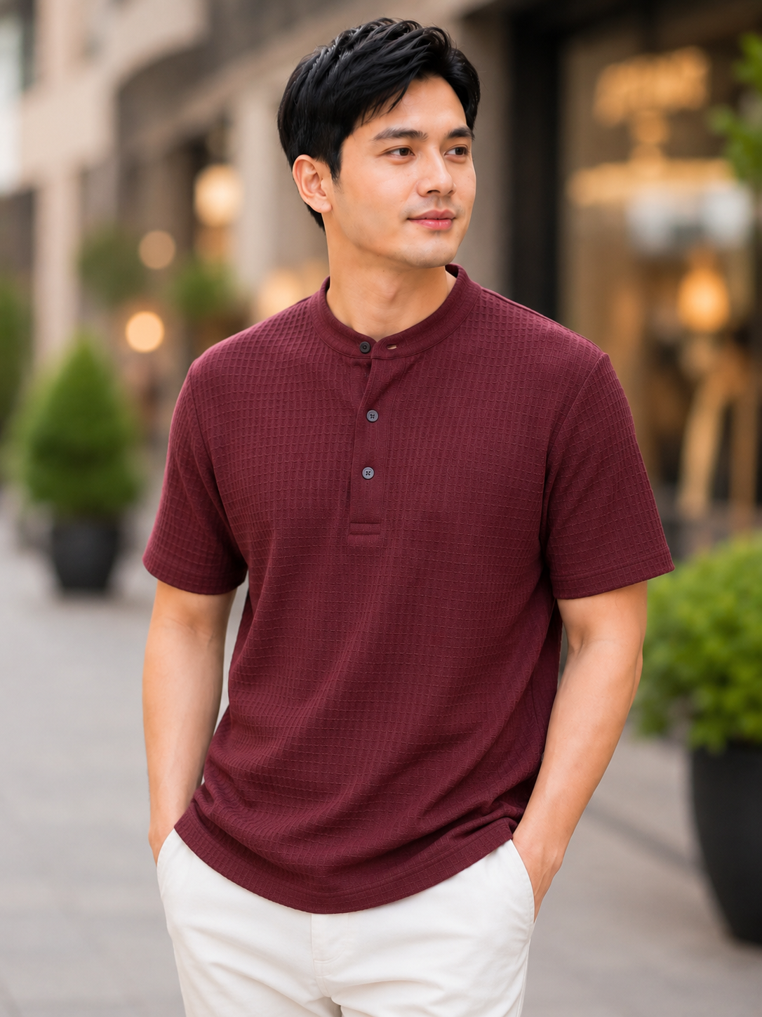 XDM-Premium Waffle Knit Chinese Collar Henley Shirt for Men