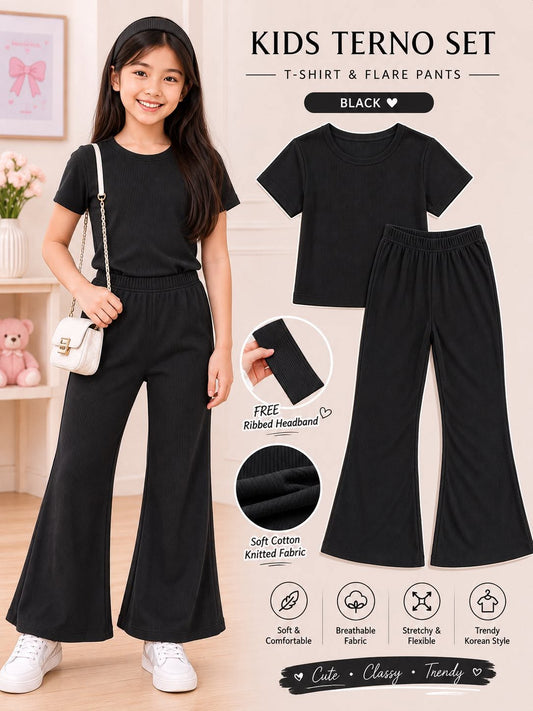 XDM-3 PIECE Kids Korean Terno Set for Girls | Soft Cotton Knitted T-Shirt & Flare Pants Co-Ord Set with Free Ribbed Headband