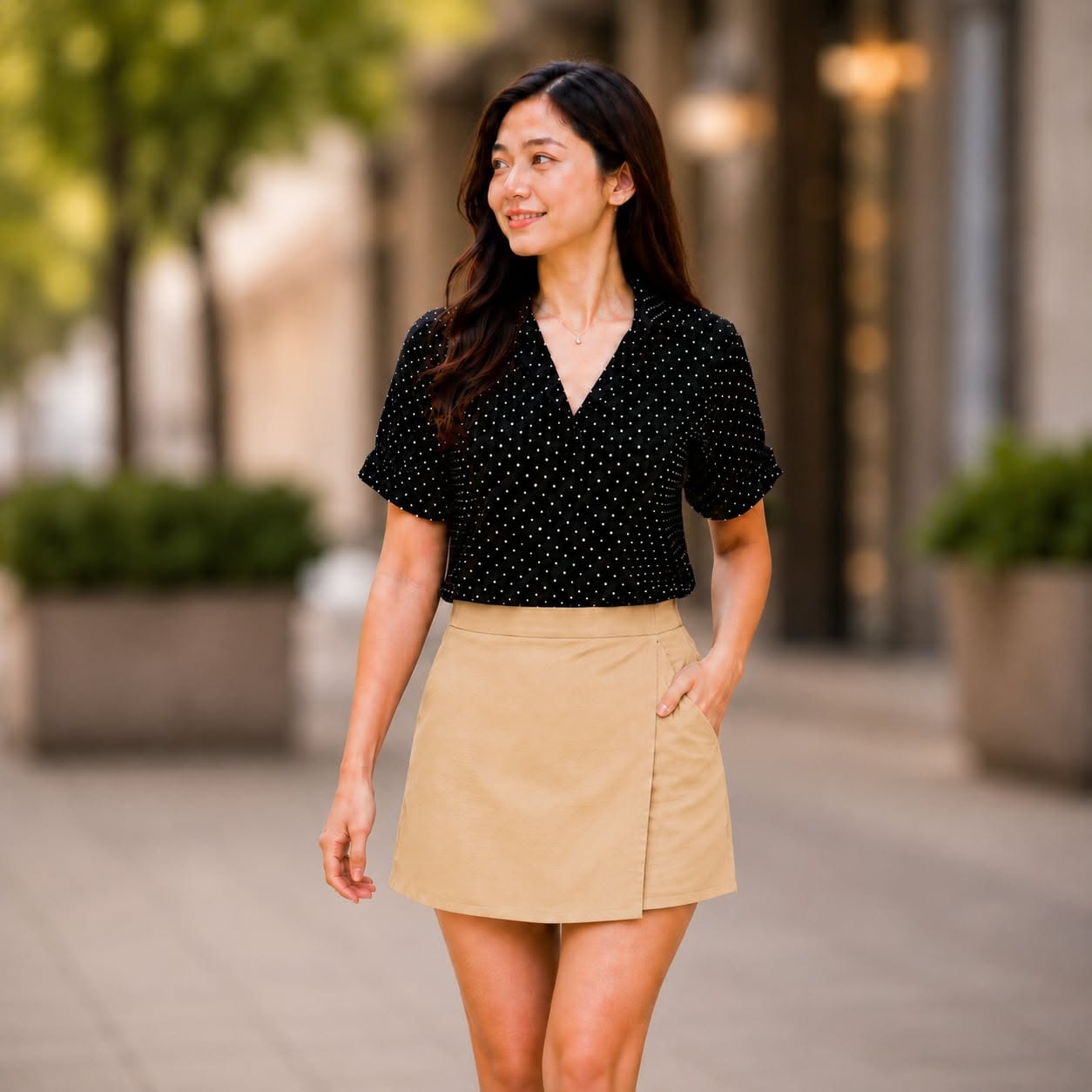 XDM-Chic Dots Challis Blouse & Cotton Linen Skort Set-Effortlessly Stylish