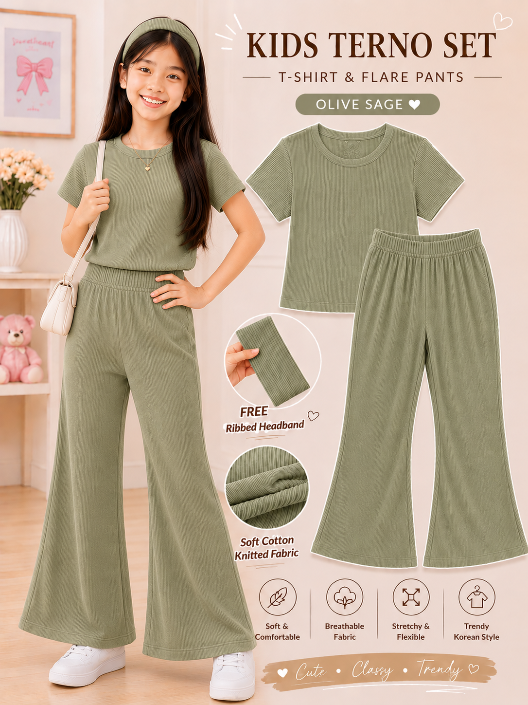 XDM-3 PIECE Kids Korean Terno Set for Girls | Soft Cotton Knitted T-Shirt & Flare Pants Co-Ord Set with Free Ribbed Headband