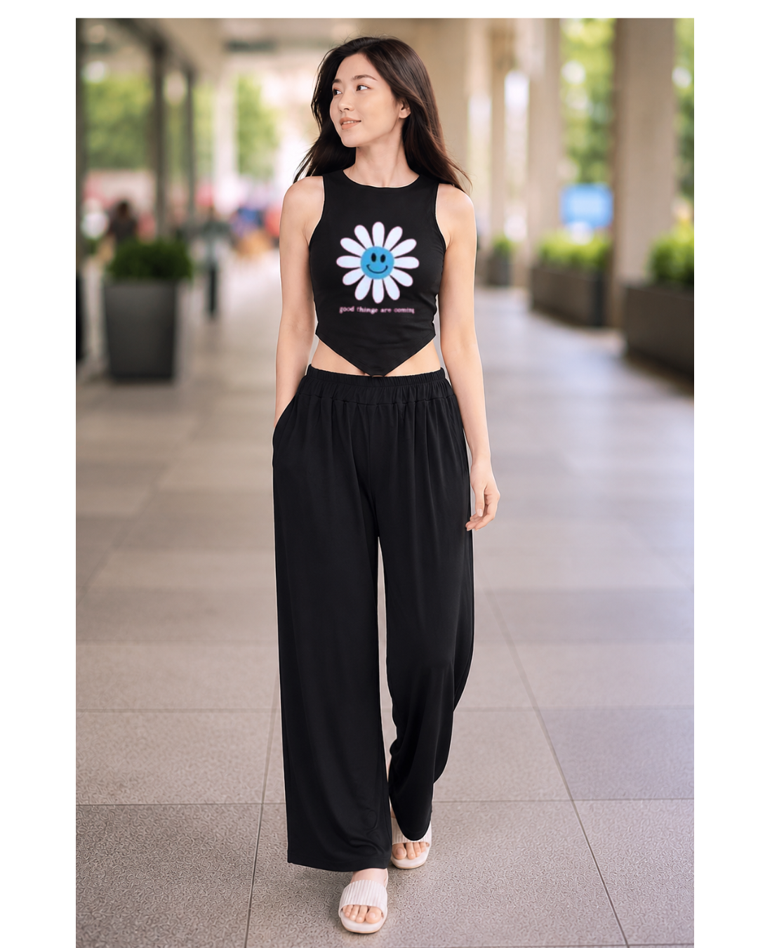 XDM-Chic Comfort  Crop Top & Flowy Wide-Leg Pants Terno Set