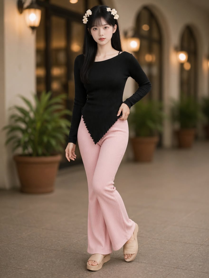XDM-Korean Chic Asymmetrical Knit Top & Flare Pants Terno Set