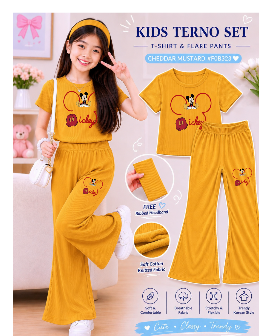 XDM-3in1 Kids Korean Terno Set for Girls | Cotton Knitted Ribbed Top, Flare Pants & Free Headband