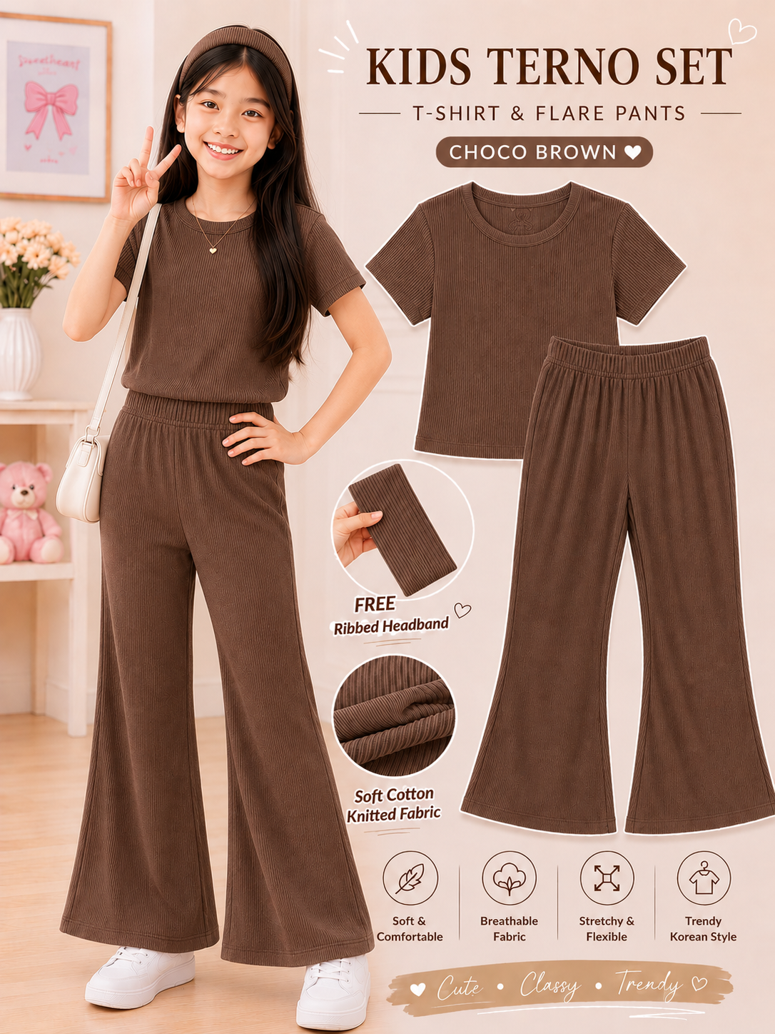 XDM-3 PIECE Kids Korean Terno Set for Girls | Soft Cotton Knitted T-Shirt & Flare Pants Co-Ord Set with Free Ribbed Headband