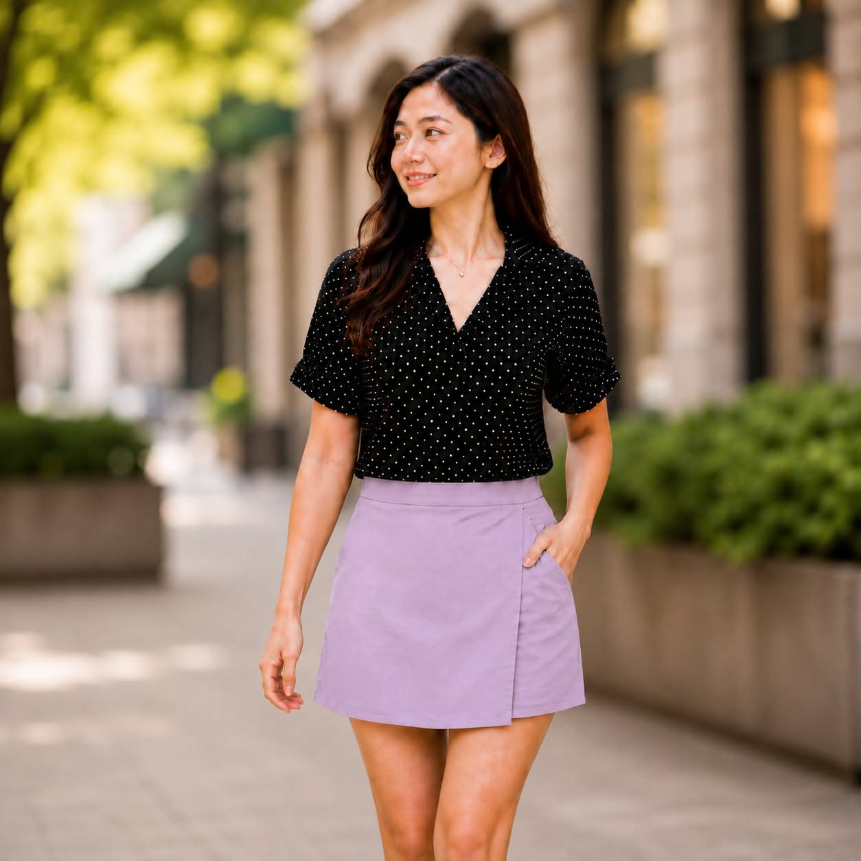 XDM-Chic Dots Challis Blouse & Cotton Linen Skort Set-Effortlessly Stylish