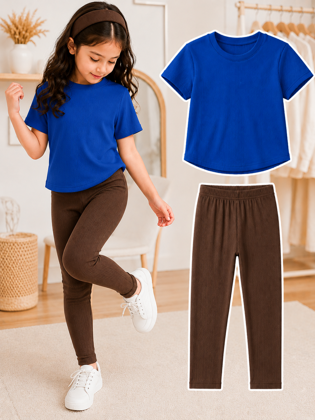 XDM-Kids 3-Piece Terno Set | Cotton Knitted Ribbed T-Shirt + Leggings + Headband