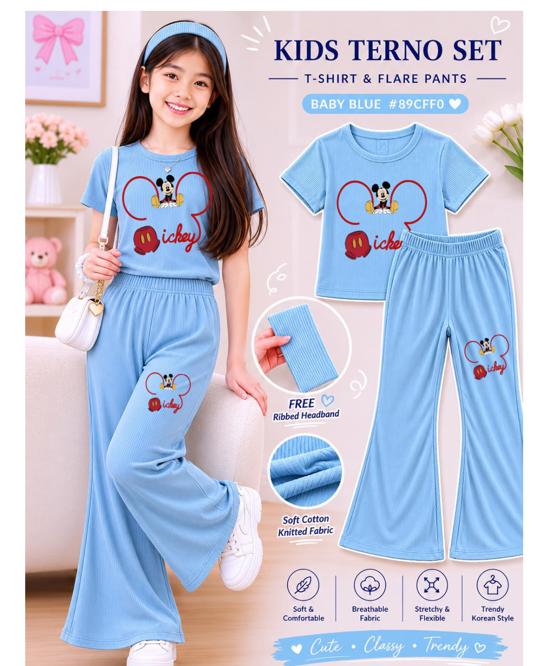 XDM-3in1 Kids Korean Terno Set for Girls | Cotton Knitted Ribbed Top, Flare Pants & Free Headband