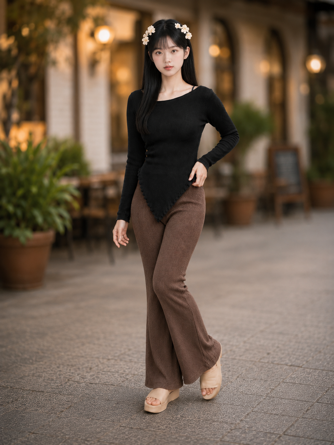 XDM-Korean Chic Asymmetrical Knit Top & Flare Pants Terno Set